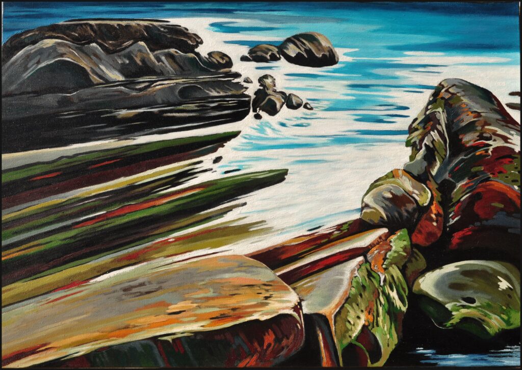 Eastern Shores, a vibrant landscape painting by George Wendell Baker, captures the coastline of Taiwan in bold, expressionist color. The composition evokes both the lyricism of place and the modernist influence of Canadian painters, bridging cultures through light and palette.