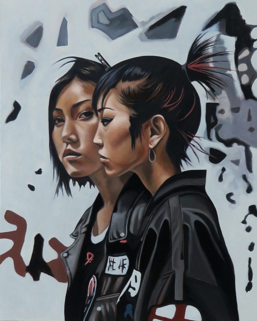 Koenji Tokyo” – expressive figurative oil painting by George Wendell Baker , portraying two young women in a Japanese urban subculture scene. An homage to punk energy, feminine defiance, and the raw beauty of self-styled rebellion.