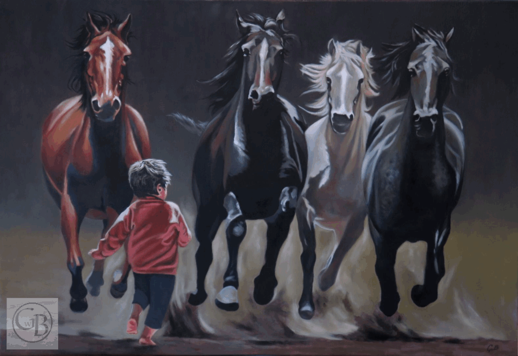 A child in red stands before four stampeding horses emerging from shadow, evoking the apocalypse while at the forefront as four spectral warhorses charge from darkness. The scene evokes judgment, loss, and the mystical innocence caught in the path of destruction. Oil painting by George Wendell Baker