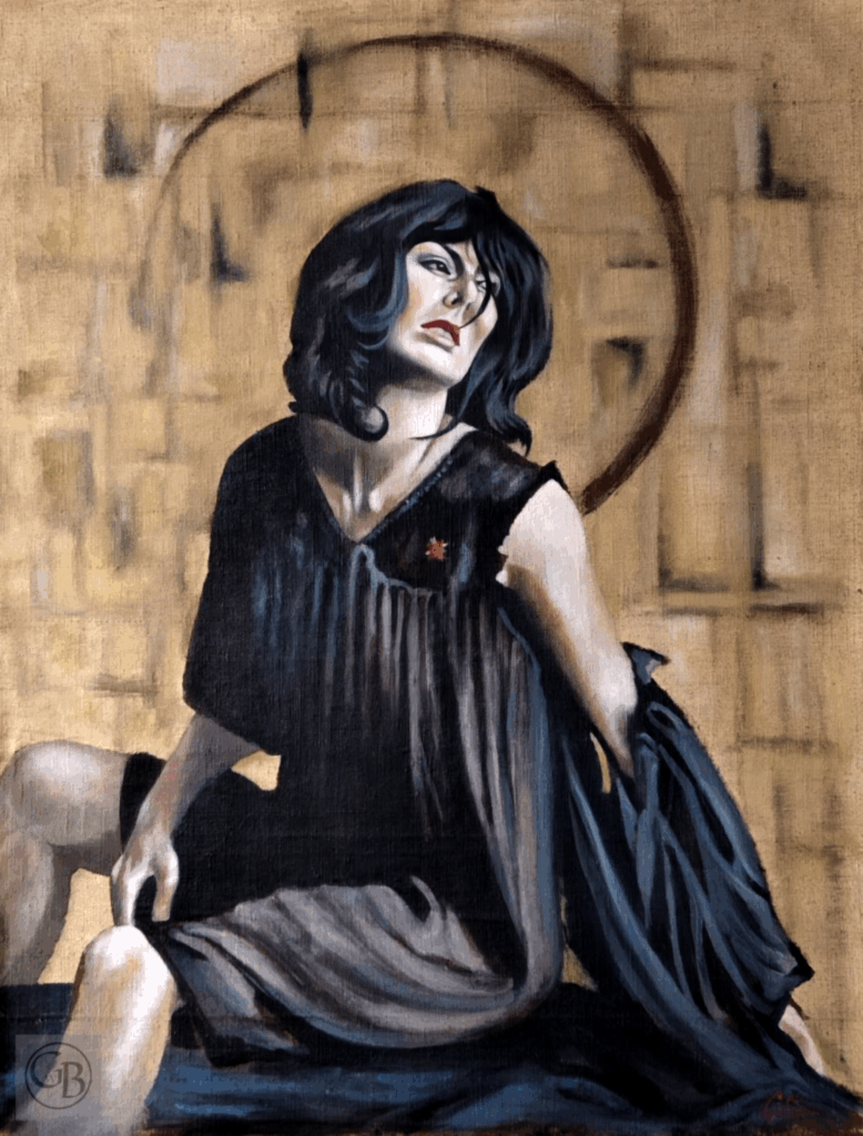 A cloaked woman in black gazes outward, draped in mourning on a raw linen with gold-hued marked with a halo. A symbolic meditation on memory, sacrifice, and the cost of war. Oil painting by George Wendell Baker