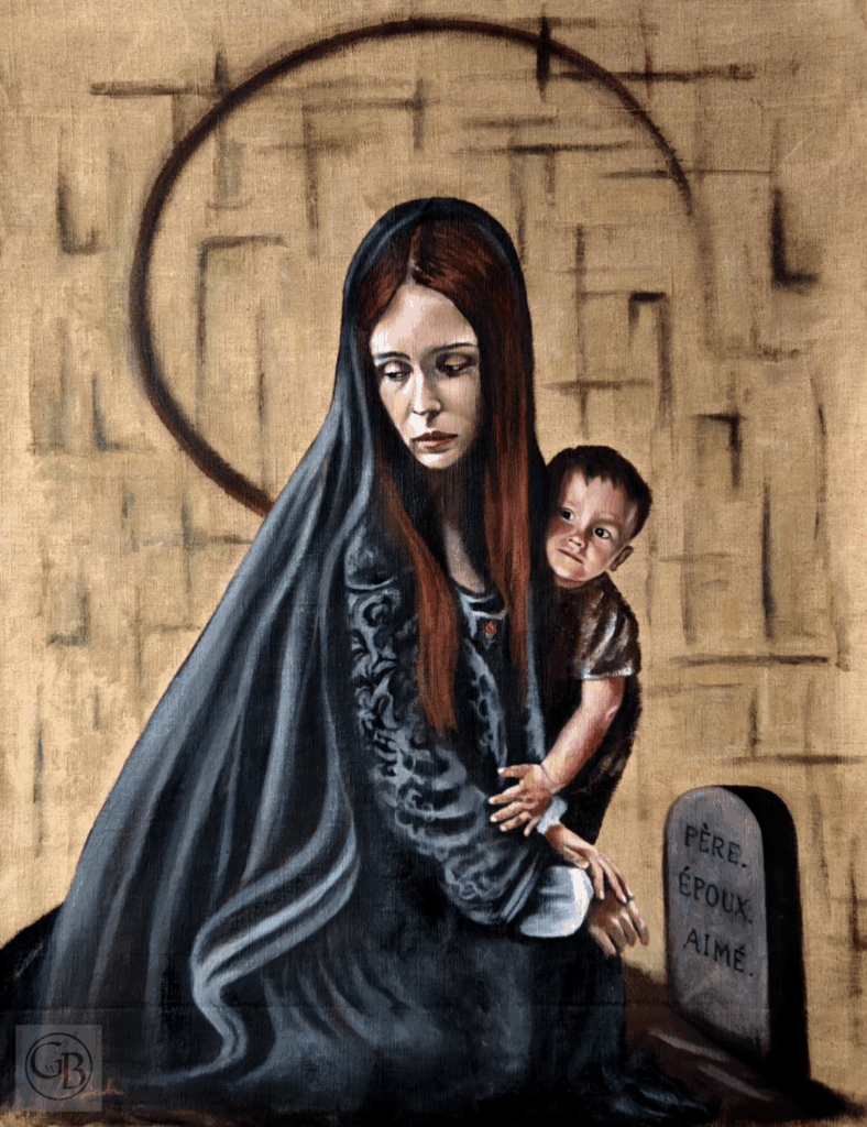 A young woman cloaked in black kneels beside a headstone, holding a child. Set against raw linen, the image conveys grief, memory, and the invisible cost of war. Oil painting by George Wendell Baker