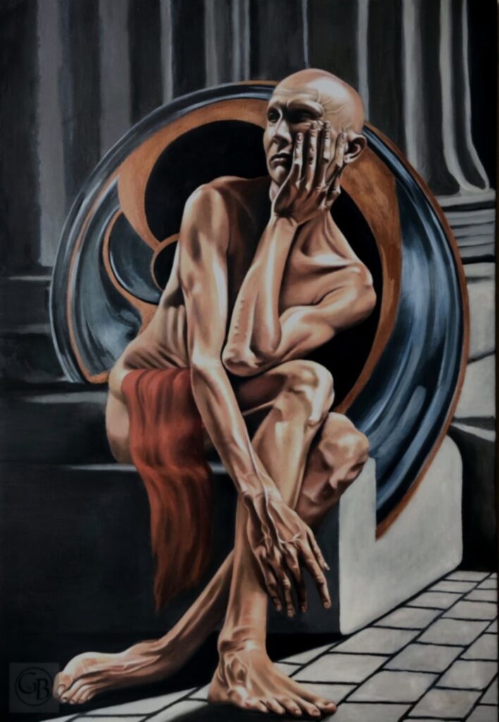 A nude male figure sits contemplatively on a block beneath a circular disc, his hands poised like clock hands at 12:25. The stark background and symbolic geometry suggest themes of reincarnation, spiritual captivity, and the illusion of linear time Oil painting by George Wendell Baker