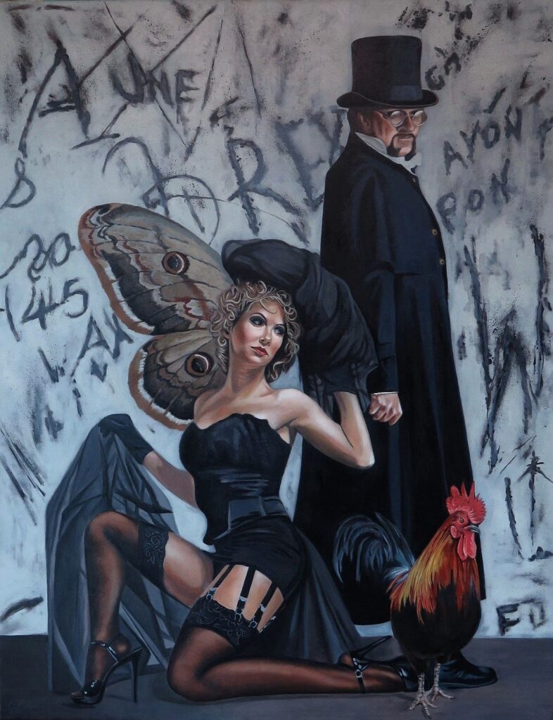 Nefarious Theatre – allegorical oil painting by George Wendell Baker exploring manipulation, performance, and social control through ritualized figures and symbolic gestures. Themes evoke surveillance, secrecy, and the silent complicity of spectacle.