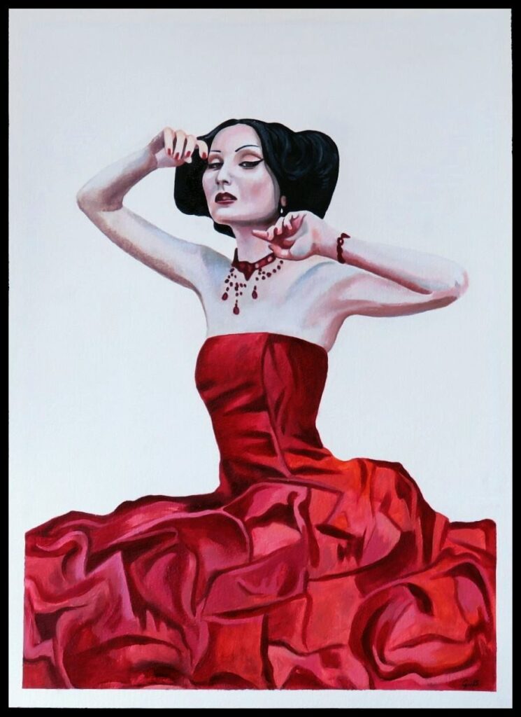 Mademoiselle Rouge – aesthetic figurative oil painting by George Wendell Baker classical poise with a Gothic undercurrent. A portrait of vivid feminine autonomy set against a stark white field.