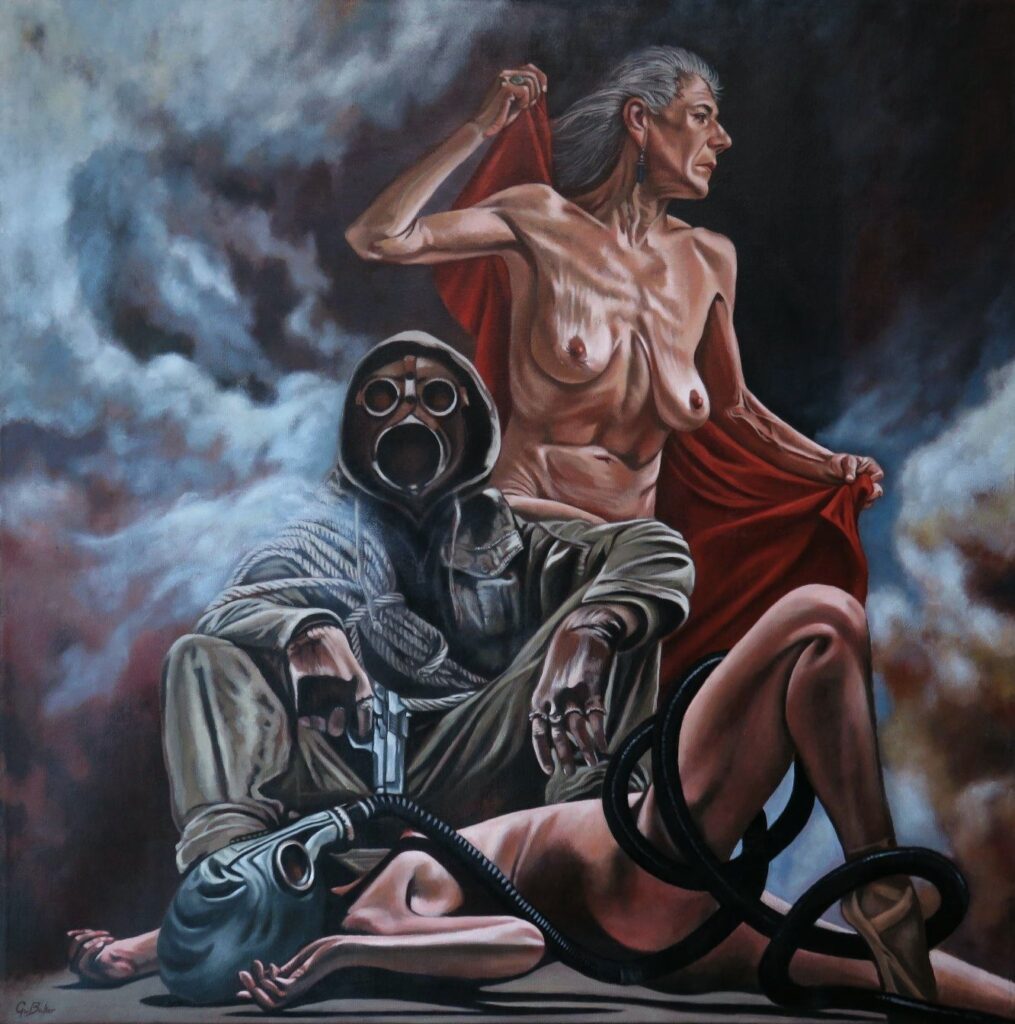 A prophet figure sits collapsed amid a devastated landscape, while a second figure gestures upward. This allegorical oil painting by George Wendell Baker explores the burden of foresight, the agony of truth, and the collapse of illusions in a fallen world.