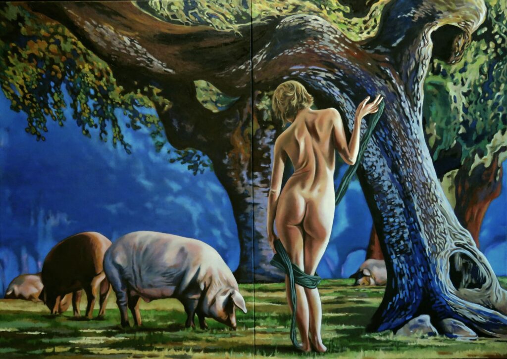 Diptych oil painting by George Wendell Baker , portraying the Meliai—primordial ash-tree nymphs—and evoking Epinoia, the divine remembrance. Rich in symbolic foliage and grounded myth, the work offers a Gnostic lens on nature’s sentience and soul.