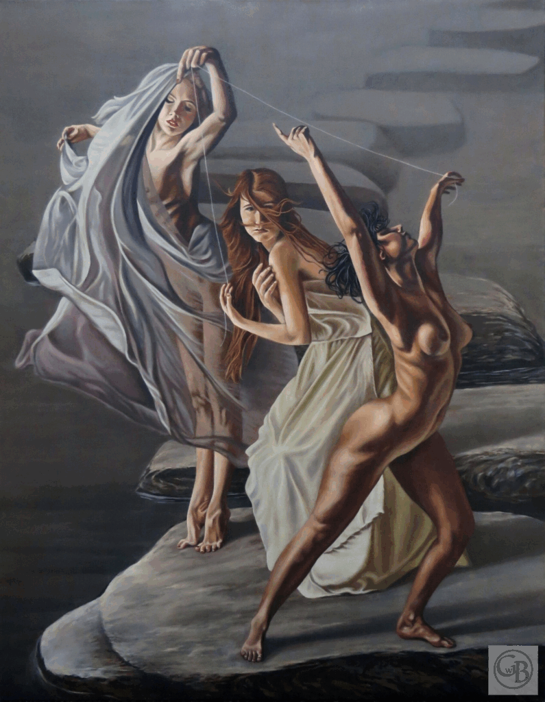 The Fates, symbolic oil painting of Clotho, Lachesis, and Atropos in classical myth, Metaphysical figurative painting of three female figures weaving threads of fate – the Moirai, Greek Fates series by George Wendell Baker