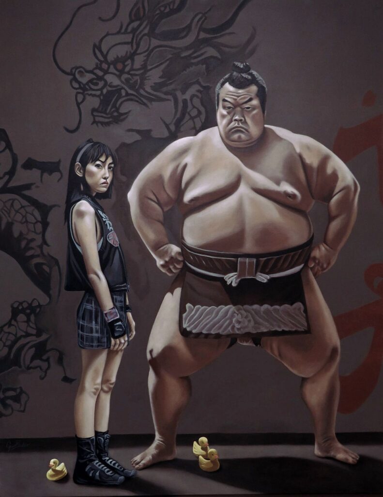 Punki Tomo No. 8, expressive figurative oil painting by George Wendell Baker, part of a series exploring modern archetypes and spiritual confrontation.