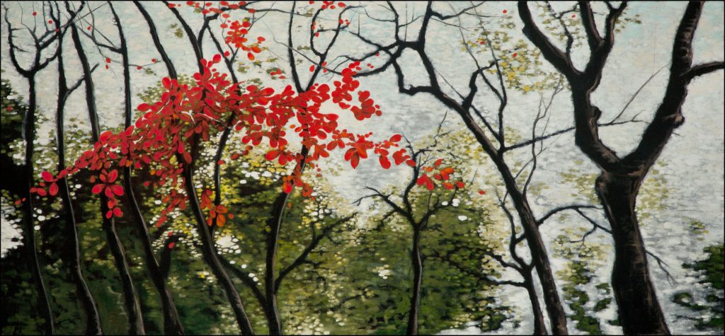 Circumstantial Evidence of Time II, an oil painting of Indian almond trees in contemplative moments inspired by quiet moments in a Taiwan.