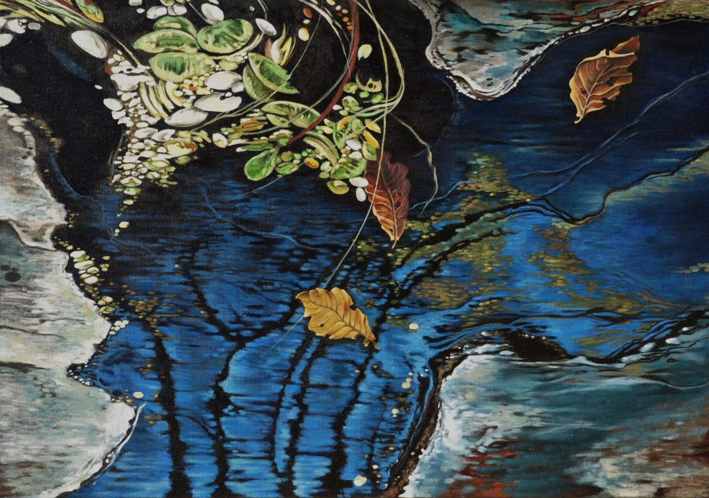 Meditation II, contemplative oil painting of a stream where fallen leaves gather like drifting thoughts—an introspective metaphor on stillness, impermanence, and mental clarity. (Private Collection, USA)