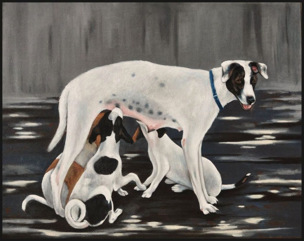 Blue Collar Macy, a tender oil painting by George Wendell Baker, portrays a mother dog guiding her pup through a stark, gray environment. The image evokes working-class dignity, quiet endurance, and the unspoken strength of care and responsibility carried without complaint.