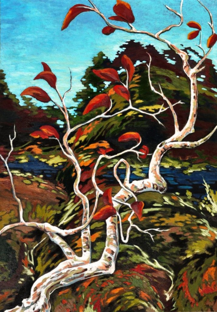 Eastern Winds, a companion landscape to Eastern Shores by George Wendell Baker, offers a dynamic portrayal of Taiwan’s natural beauty. Bold color and flowing form convey motion, memory, and a poetic reverence for the land—a subtle homage to the spirit of Tom Thomson.