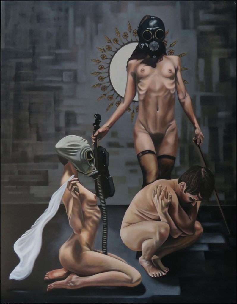 Inculcations XIX — allegorical oil painting by George Wendell Baker critiquing pandemic-era propaganda and psychological manipulation. Featuring masked nurse-figures in dominatrix garb, the work evokes themes of control, trauma, and the inversion of care.