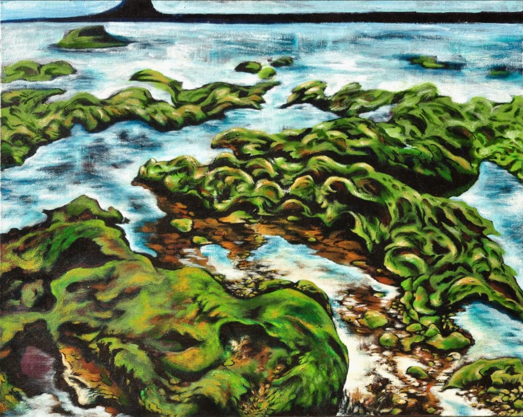 Meditation I – contemplative oil landscape by George Wendell Baker, depicting layered seaweeds from above and evoking currents of thought and inner terrain.