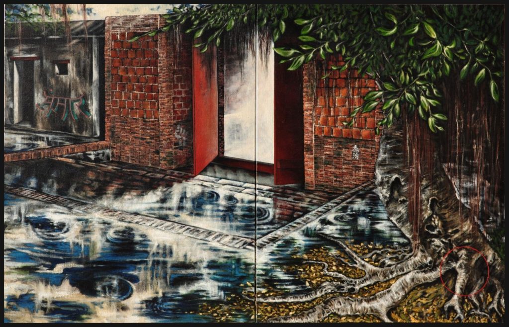 A Gate in Samsara – symbolic oil painting by George Wendell Baker, depicting a brick gateway, fallen leaves, and a flowing stream. A contemplative image evoking impermanence, transition, and the quiet passage between worlds.