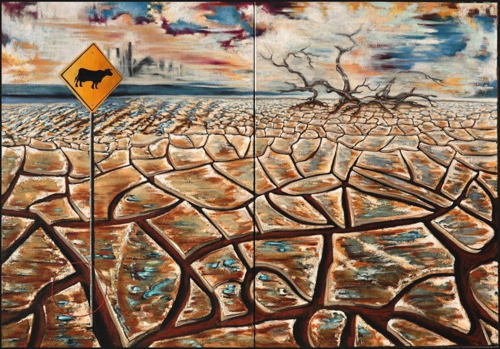 Paysage Postmodern – oil painting by George Wendell Baker, showing cracked, parched earth beneath a warning sign. A stark symbolic meditation on environmental decay, human negligence, and the illusion of control.
