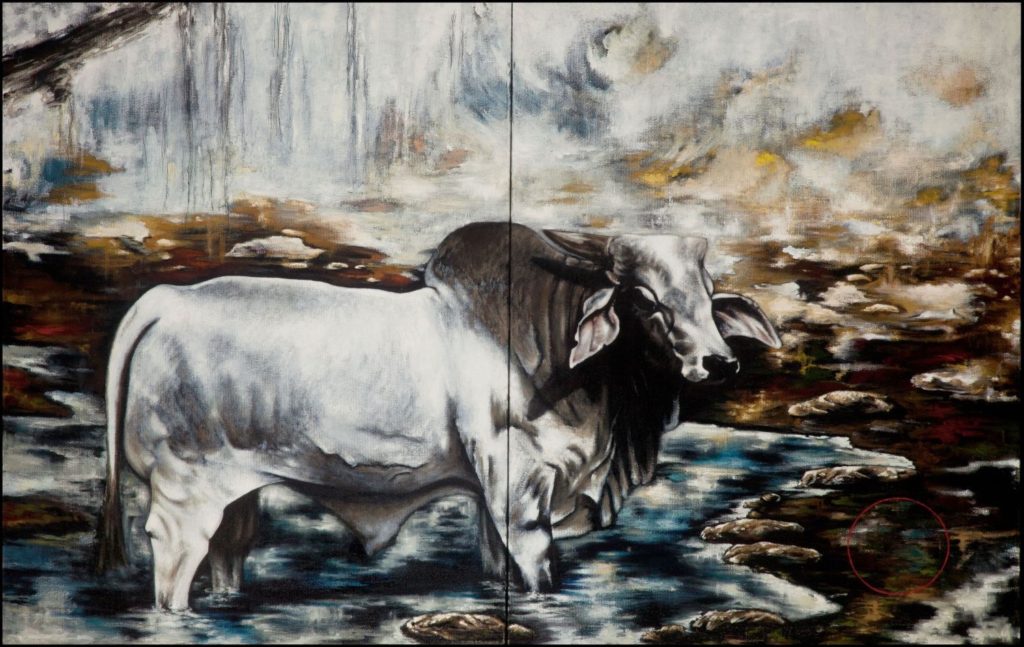 Ego, the third painting in George Wendell Baker’s Ox Herding Poems series, shows a solitary ox emerging from morning mist—symbolizing the first moment of awakening, when the self becomes the witness. A meditative image on kenshō, perception, and inner realization.