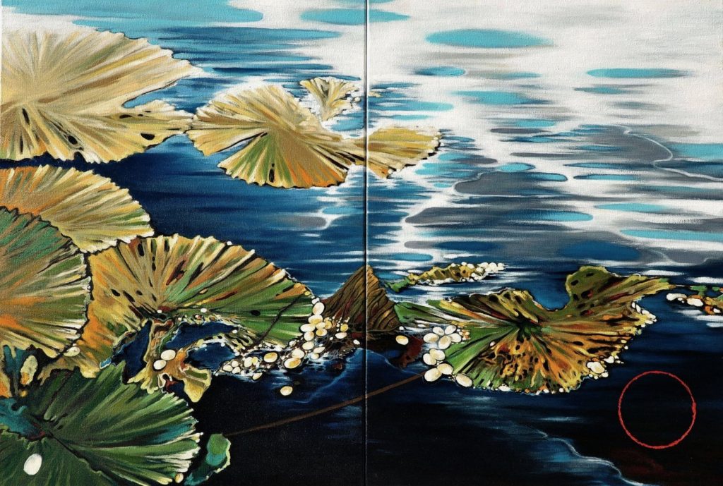 Homage – contemplative oil diptych with water lilies by George Wendell Baker, inspired by Japonisme and Zen tradition.