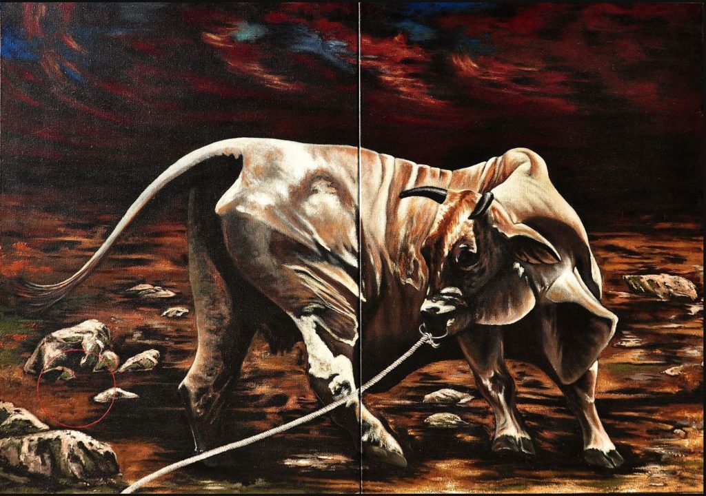 The Dark Night, part of George Wendell Baker’s Ox Herding Poems series, shows the ox in turmoil—struggling against surrender after awakening begins. Bridging Buddhist insight and Western mysticism, the image portrays the dark night of the soul, where the self clings to shadow in the face of growing awareness.
