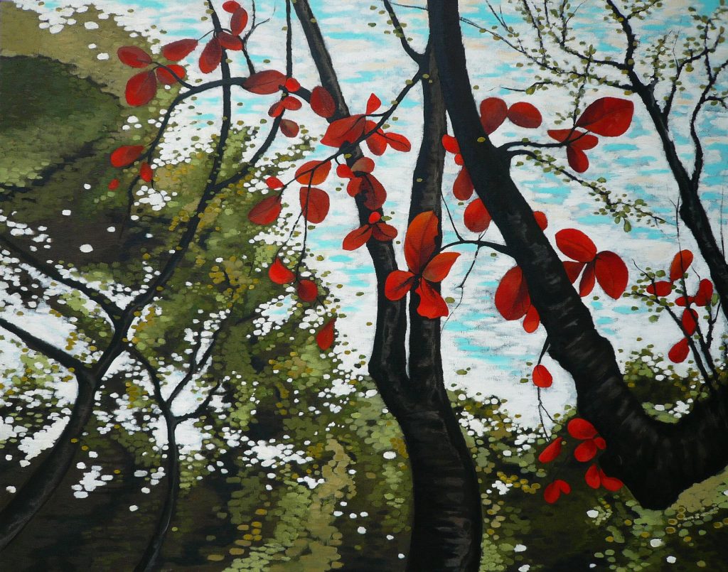 The Red Dragon – symbolic landscape by George Wendell Baker, depicting Indian almond leaves arching like a mythic dragon across the canopy. Created as a commissioned gift, blending meditative symbolism with personal meaning.