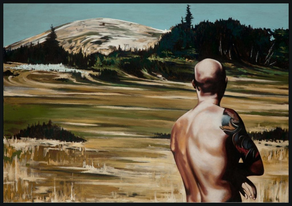 A solitary figure beneath the vast prairie sky walks toward the horizon—an homage to roots, memory, and the enduring warmth of home. Oil painting by George Wendell Baker.