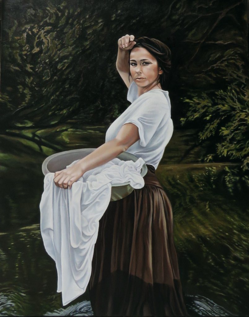 Aeon Sophia – symbolic oil painting by George Wendell Baker portraying the sacred feminine in Gnostic myth; a vision of divine wisdom and fallen light embodied with earthy grace.