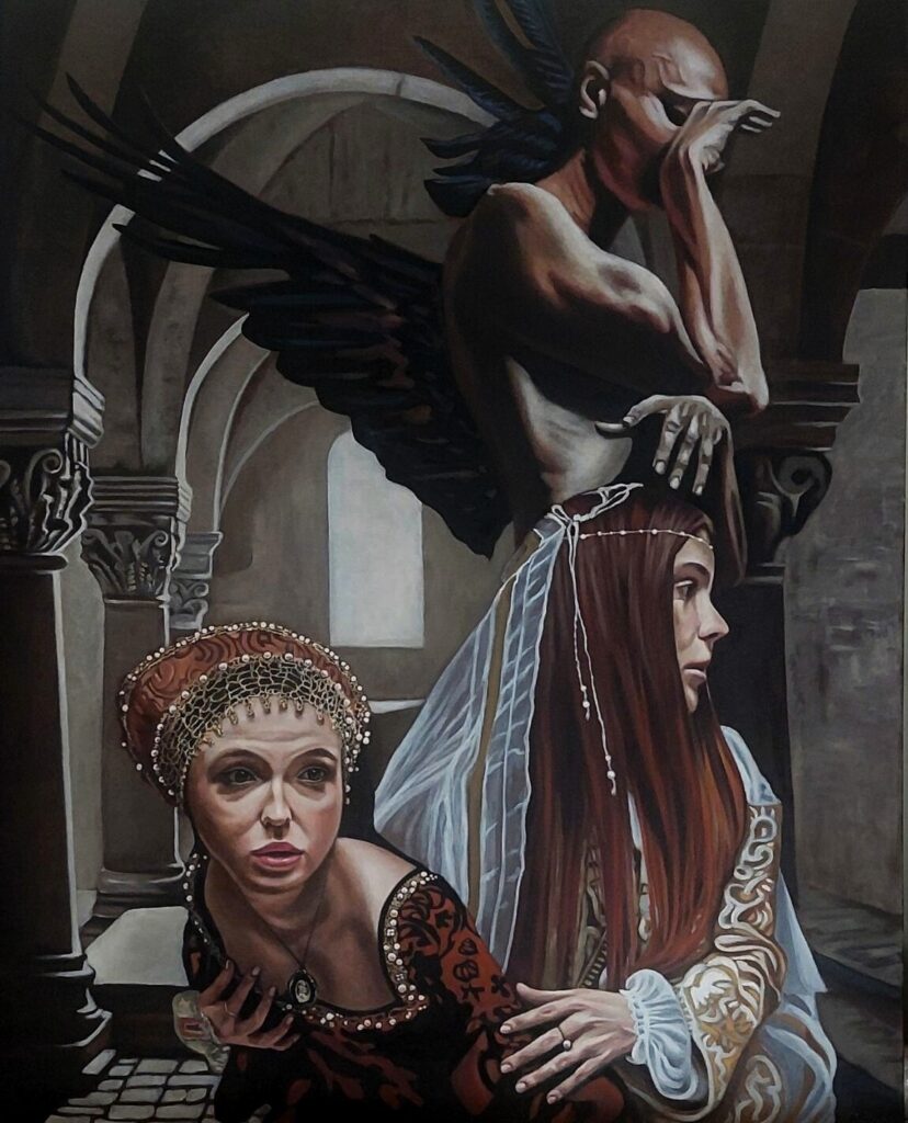 Yaldabaoth – symbolic Gnostic oil painting by George Wendell Baker depicting the demiurge as a false creator, with mythic feminine figures confronting oppressive cosmic authority.