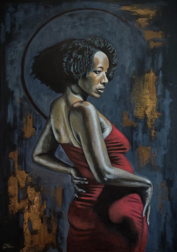 Eroia – Eros - oil portrait by George Wendell Baker of a woman in red embodying the Feminine Divine, lit in dramatic chiaroscuro.