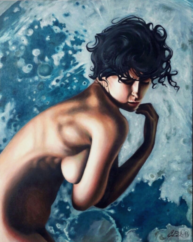 Luna – oil painting of a moonlit female figure in blue tones, inspired by Gurdjieff’s teachings on the moon as a metaphysical force. Dreamlike symbolic portrait by Canadian artist George Wendell Baker