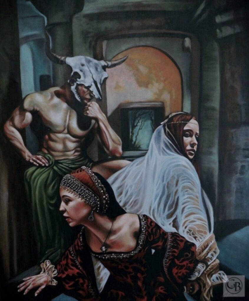 Labyrinth – symbolic oil painting by George Wendell Baker featuring the Minotaur and mythic feminine figures in a classical setting. A metaphor for the inner journey and confrontation with shadow.