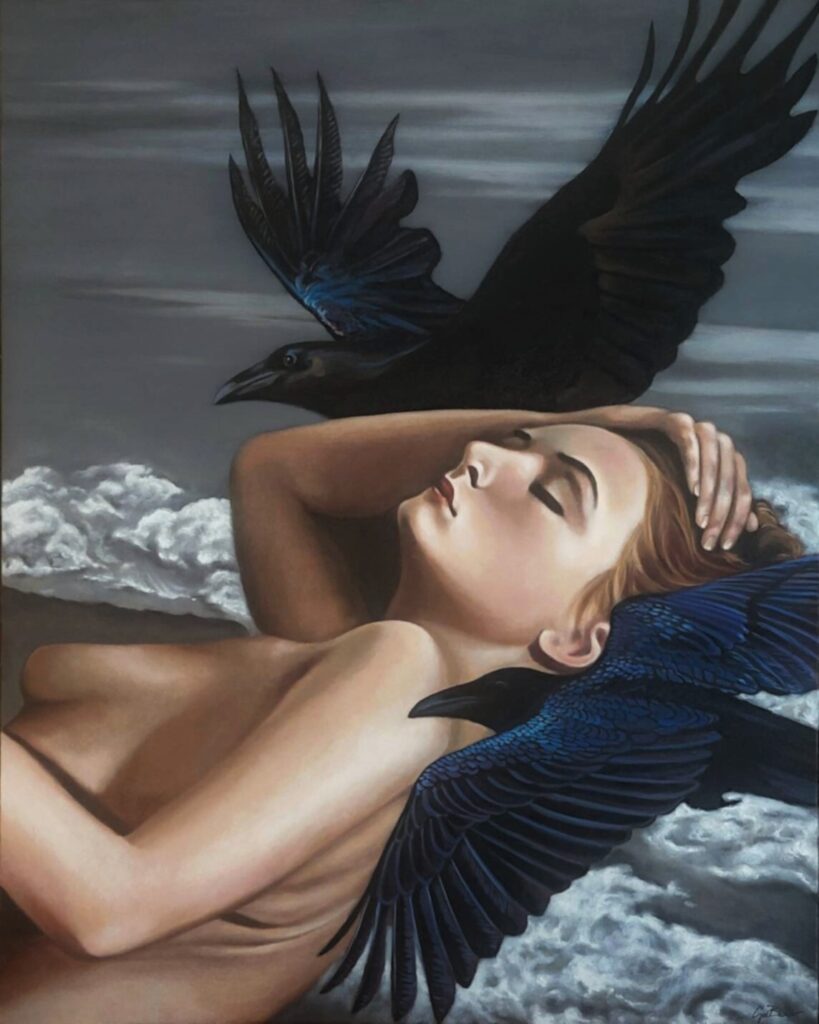 Nocturne – oil painting of a reclining nude woman and raven in a dreamlike sky, symbolic of the unconscious, inspired by Edgar Allan Poe. Metaphysical figurative art by Canadian artist George Wendell Baker