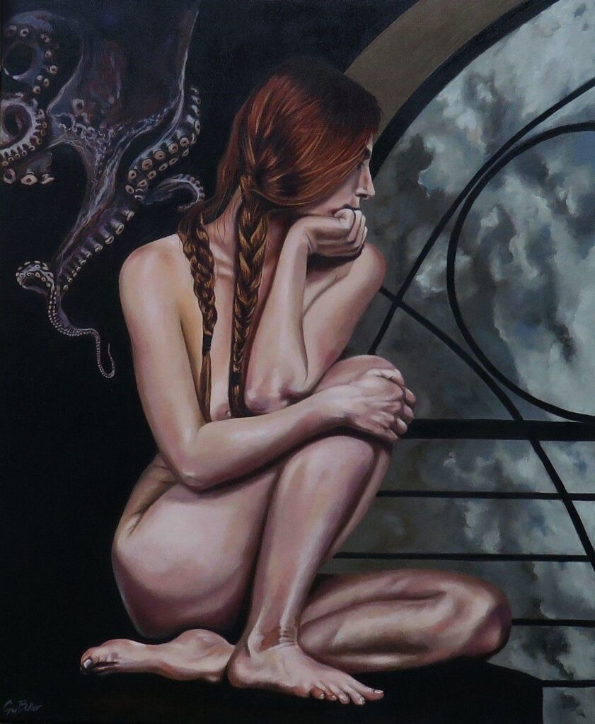 Oculus – metaphysical oil painting by George Wendell Baker evoking psychic surveillance, subconscious influence, and the illusion of self-generated thought; a symbolic expression of inner control structures.