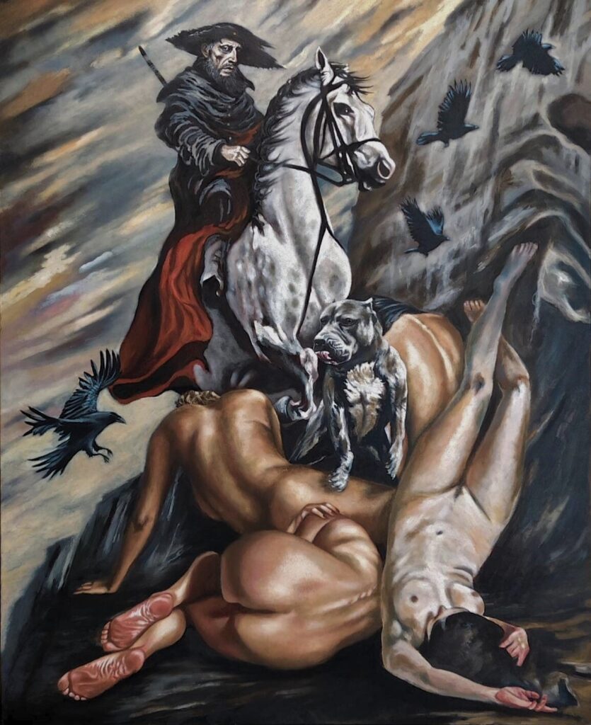 Gleaners: For Glory – oil painting by George Wendell Baker depicting fallen figures on a battlefield with a rider and circling ravens; an anti-war allegory. “The sleep of reason produces monsters.” – Goya.