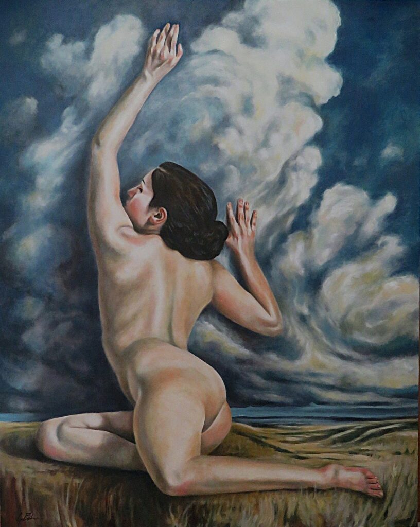 Veiled Plains – oil painting by George Wendell Baker of a woman becoming lucid in a dreamlike prairie landscape under dramatic clouded sky.